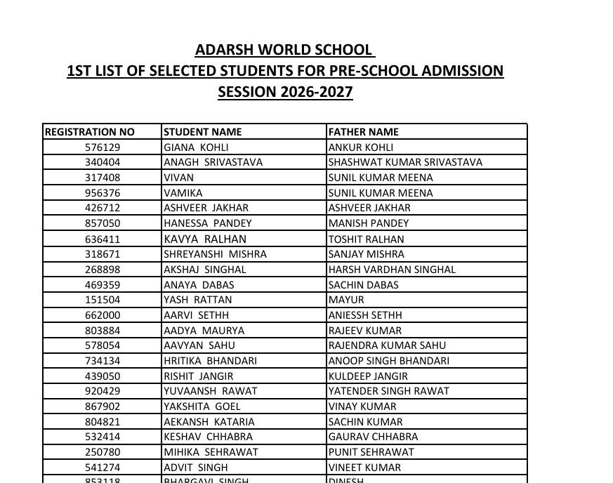 Preschool Selected Students List 2026-27